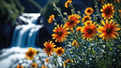 Orange Flowers Blooming Near Waterfall with Greenery in Natural Setting