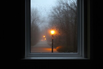 Fototapeta premium Foggy evening view through window, warm glow from streetlamp ill