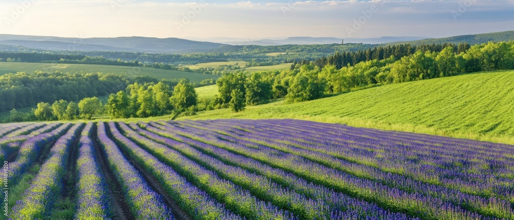 Poster serene lavender field at dawn with rolling green hills and distant forest under soft sky creating pe
