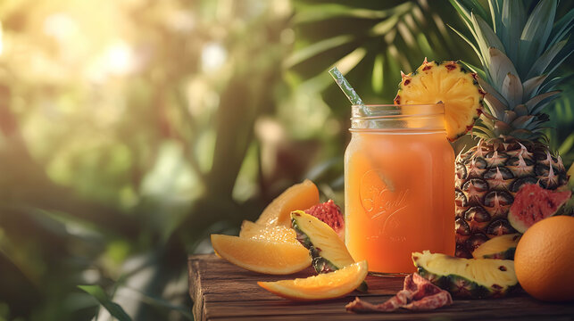 Orange pinaple juice with chunks of fruit in a mason jar, placed near sliced pineapple on a sunny table.
