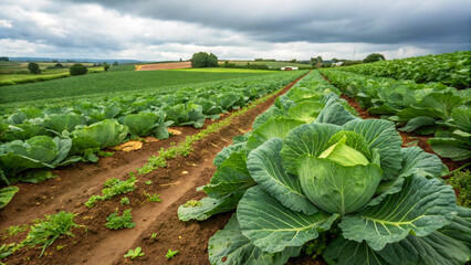 Cabbage in field, a large land sunny day time, Cabbage growing in field