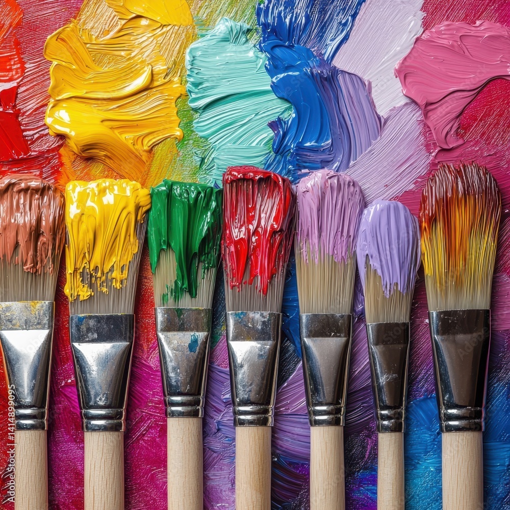 Poster vivid palette of artistic expression row of brushes with vibrant colors on textured background top v