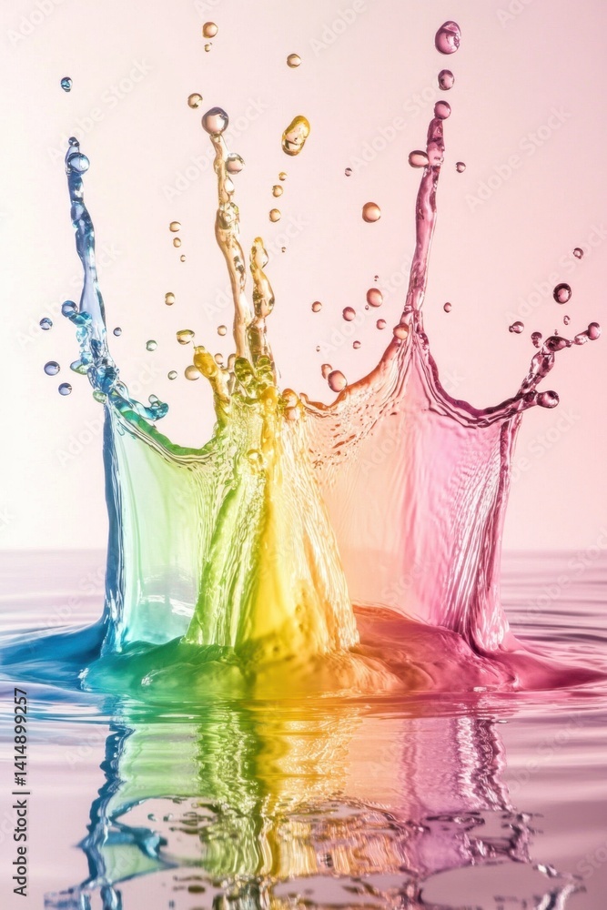 Poster vibrant water splash with rainbow colors creating dynamic abstract art on a smooth surface for creat
