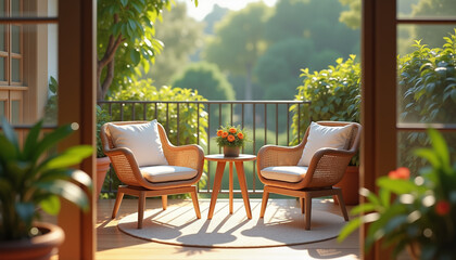 Fototapeta premium Cozy balcony seating with plants and flowers in a sunny environment 