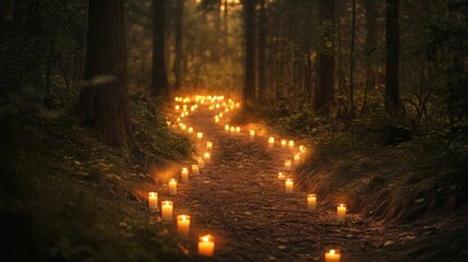 Obraz premium Magical Forest Path Illuminated by Glowing Candles Creating an Enchanting Atmosphere in Nature
