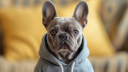 Adorable French Bulldog Wearing Gray Hoodie Posing at Home