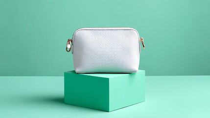 Compact textured white pouch elevated on pedestal with mint green background in soft light, perfect for branding or product ad – Image 4K UHD
