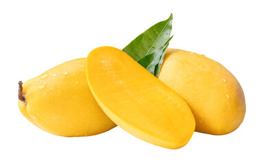 Two ripe yellow mango fruits and mango half with green leaves and water droplets in stack isolated...
