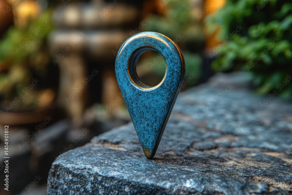 Poster unique blue map pointer sculpture displayed on a stone surface with greenery in the background durin