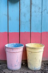 Naklejka premium Vibrant wooden wall backdrop with two paint buckets in pink and yellow creating a colorful and artistic scene for creative projects