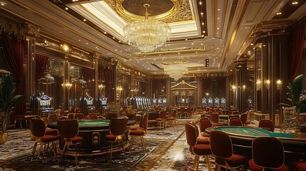 A luxurious casino with gold accents, velvet chairs, and crystal-clear chandeliers 