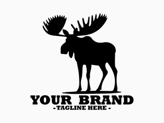 Funny moose vector illustration,  majestic standing moose displaying its impressive branched antlers, line art design on white and funny moose vector logo illustration