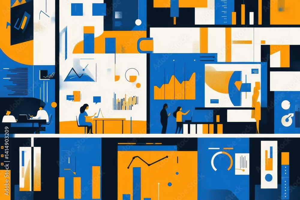 Poster abstract geometric collage featuring blue and yellow hues with charts graphs and data visualizations