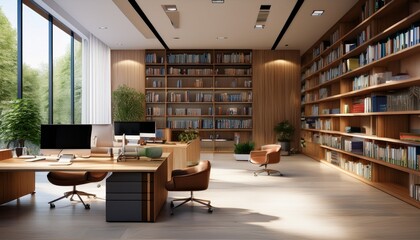 modern office library with wooden furniture and bookshelves 3d rendering