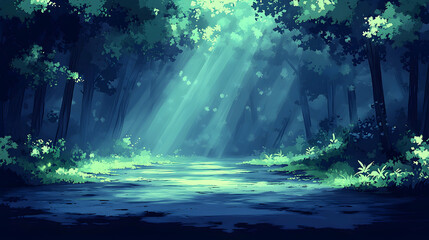 Fototapeta premium Mystic forest path sunbeams through canopy light reflects on water painting a serene and magical landscape