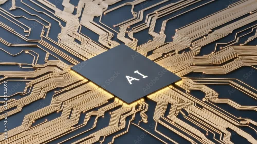 Poster futuristic ai circuit board design with bright connections and central ai label for technology and i