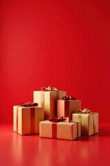 Fototapeta premium A Festive Arrangement of Gold Gift Boxes with Red Ribbons on a Red Background