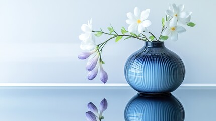 Centered composition of smooth blue vase on a reflective white surface