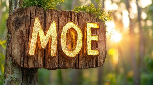 Rustic wooden sign moe in forest setting natural light warm tones