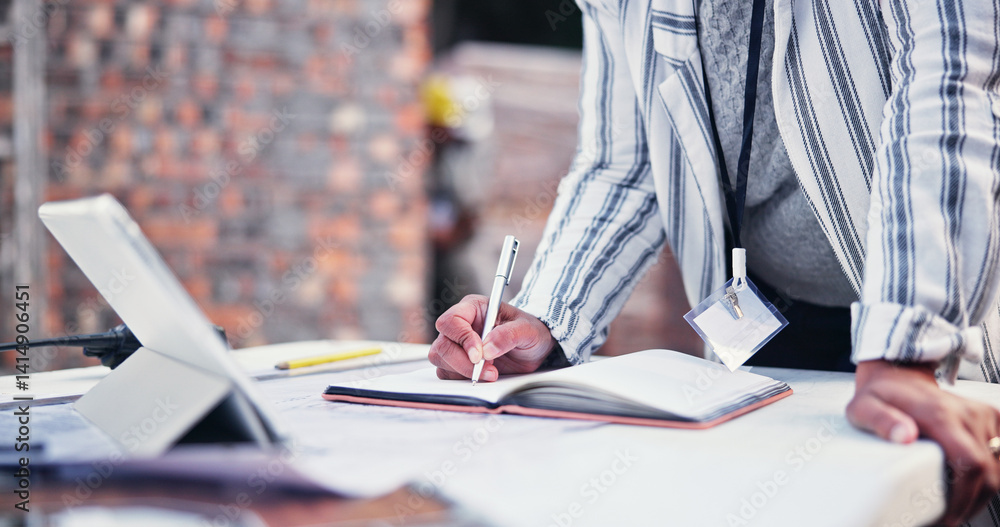 Aufkleber construction site, hands and notebook for floor plan, blueprint and idea for property development. w