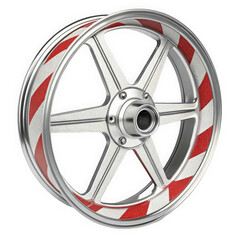 Obraz premium Close-up view of a shiny silver alloy wheel featuring a bold red and white striped design, showcasing modern automotive aesthetics and craftsmanship.