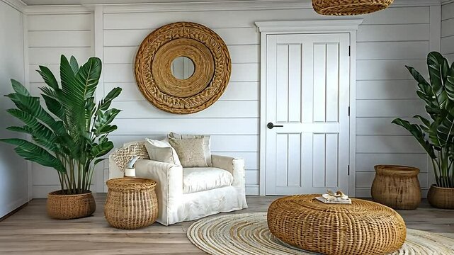 Cozy boho living room with white walls, wicker accents, and plants