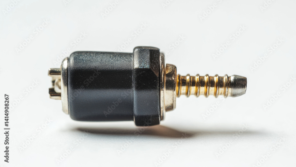 Poster a close-up shot of a small black knob on a white surface, suitable for use in product design or engi