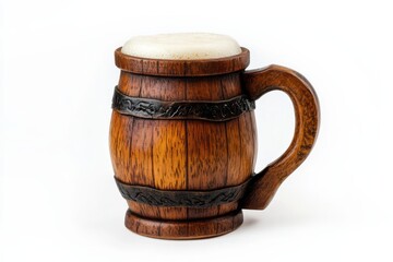 Rustic wooden beer mug overflowing with frothy beer against a plain background