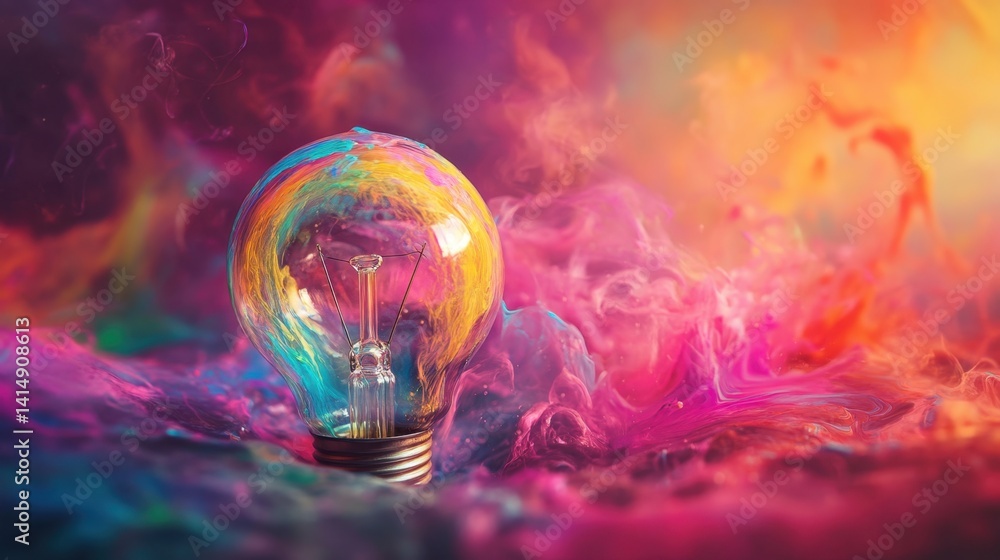 Poster creative lightbulb concept with vibrant colorful smoke explosion artistic innovation and imagination