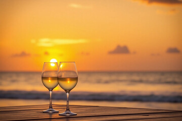 Obraz premium Two glasses of white wine sitting on a table by the ocean