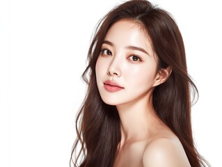 Fototapeta premium Front view of an Asian woman with fair skin, delicate facial features, long hair, posing in front of the camera. Her fair and flawless skin and flawless makeup accentuate her natural beauty.