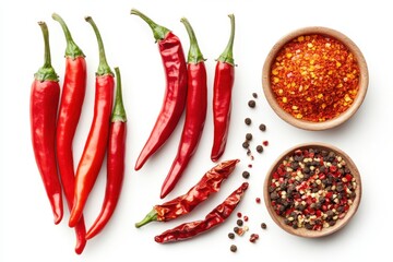 Vibrant Red Chili Peppers and Aromatic Spice Bowls on Clean White Backdrop a Culinary Still Life