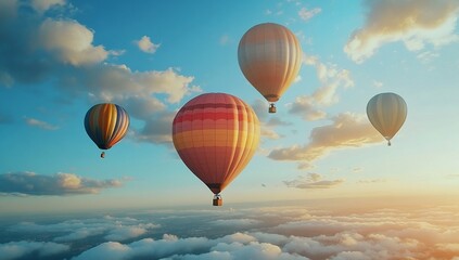 Obraz premium Colorful hot air balloons float above clouds at sunset