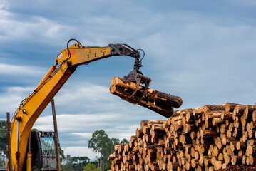 tractor mechanical arm carrying wooden logs
