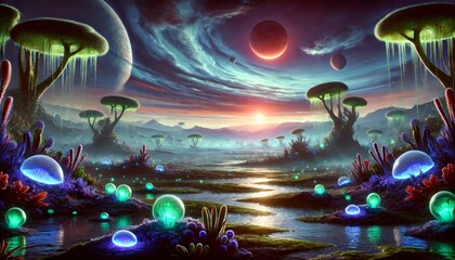 Hypothetical Life on Exoplanet K2-18b: Bioluminescent Ecosystem and Alien Atmosphere Under a Red Dwarf Sun