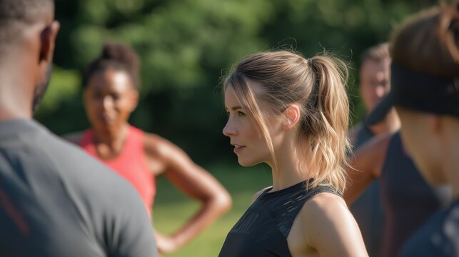 Outdoor fitness bootcamp with instructor leading a group in a park setting during a sunny day