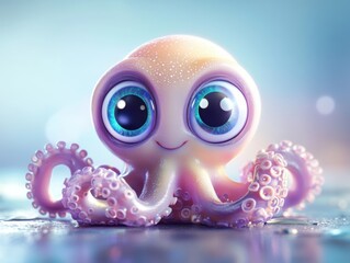 Adorable octopus with big blue eyes sitting on a reflective surface creating a cute and playful mood ideal for children's content