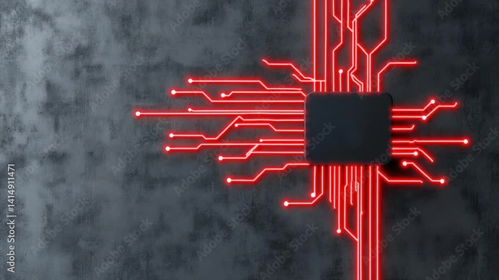 Aufkleber abstract technology background with red circuit lines connected to a central square on dark wall