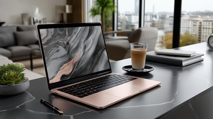 Stylish workspace with rose gold laptop and minimalistic decor on modern desk overlooking cityscape