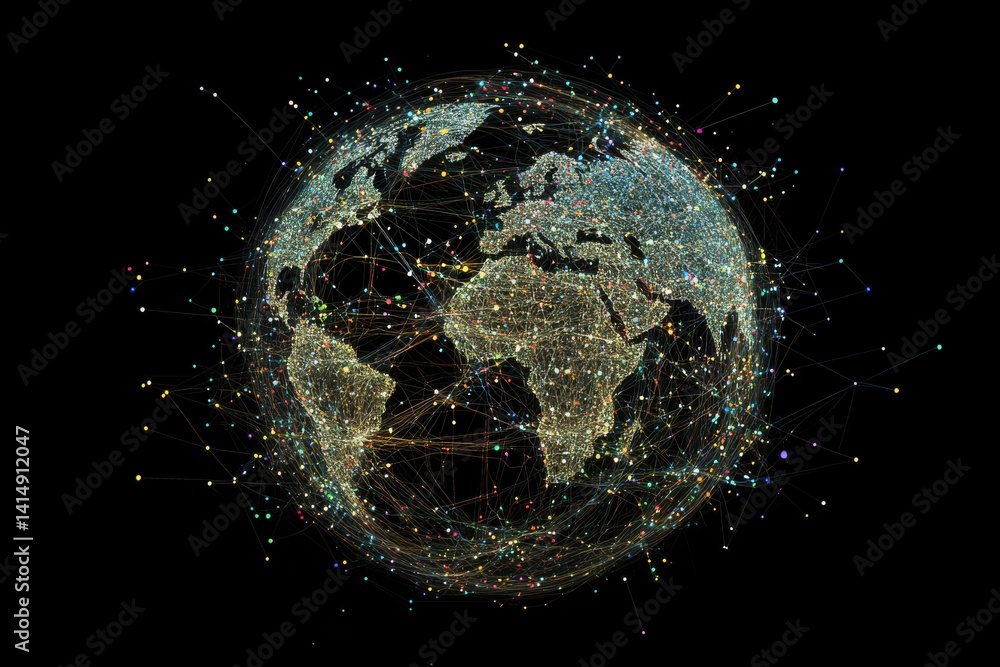 Poster a digital rendering of earth with visible continents and a dark background filled with stars and par