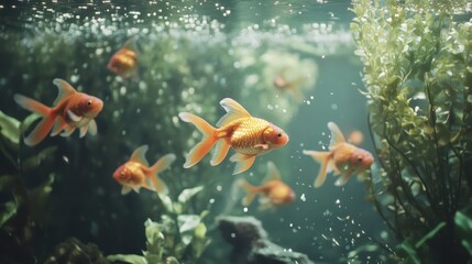 Goldfish swimming in a planted aquarium.