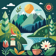 Obraz premium Stylized Mountain Valley with River Stream and Botanical Elements