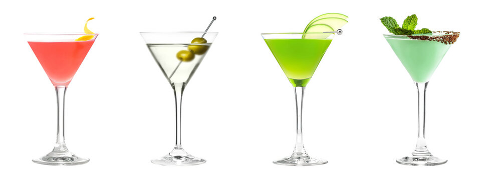 Set bundle of vibrant colorful refreshing cocktails in martini glass PNG transparent background, isolated graphic resource. Cosmopolitan, Martini, Appletini, Grasshopper cold summer cocktail garnish