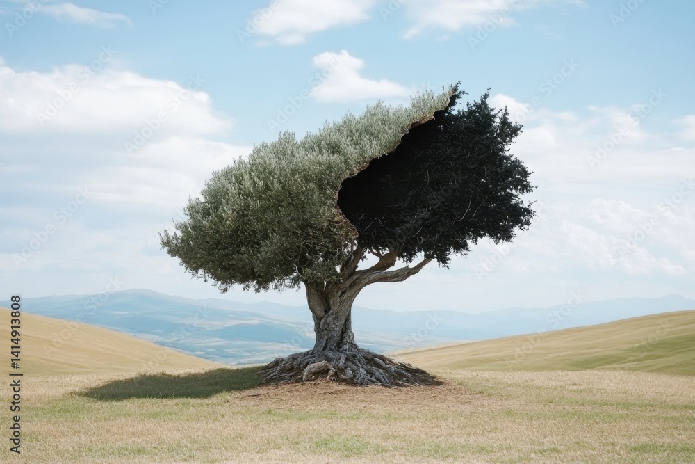 Aufkleber conceptual nature artwork of a split tree showing life and death in a serene landscape under a cloud