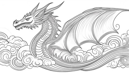 Elegant Dragon Design in Continuous Line Art Style with Clouds and Graceful Wings