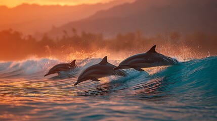 Fototapeta premium Dolphins gracefully leaping through waves at sunset, mountains in the background