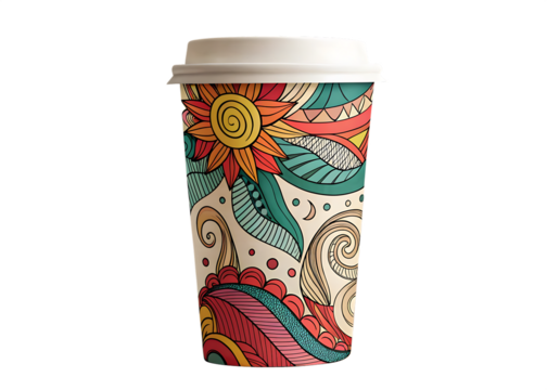 A ceramic cup of coffee with sugar and decorative elements