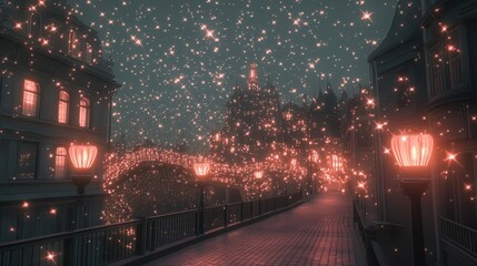 Obraz premium Magical cityscape with glowing lights and stars. Fantasy city street with vintage architecture and festive illumination.