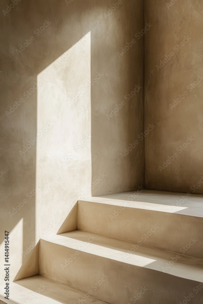 Poster minimalist interior with sunlit steps and textured walls creating a serene and architectural composi