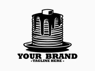 illustration of a tall stack of round pancakes topped with a melting pat of butter and dripping sweet syrup on a plate. Food pancakes concept, food pancakes vector design and pancakes logo design